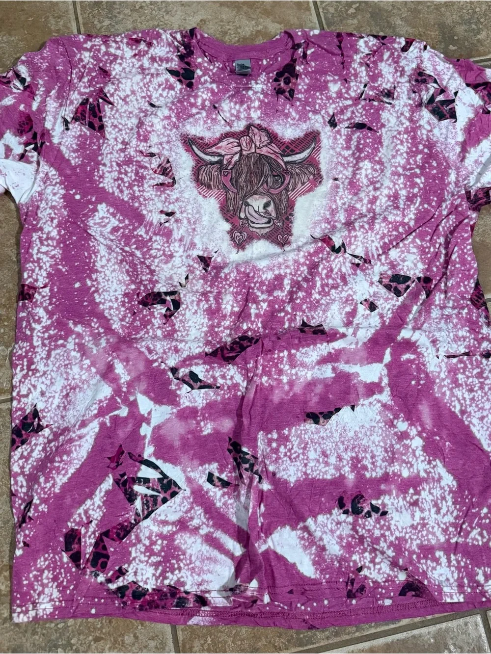Gildan Women's Pink Tie-Dye Cow Graphic Short Sleeve Tee - Picture 2 of 5